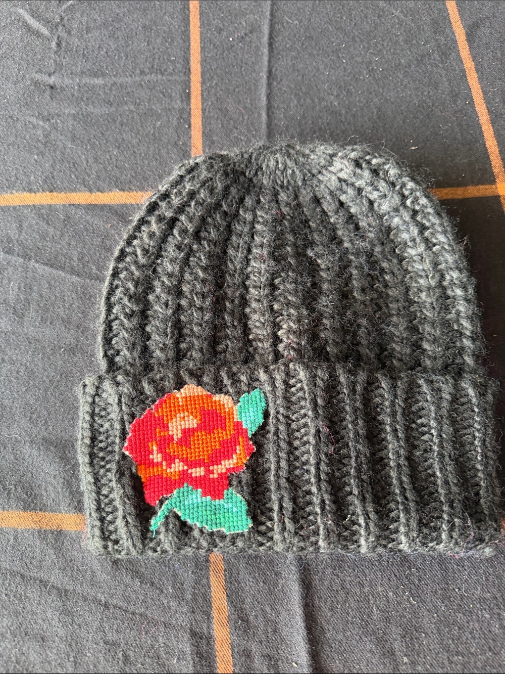 Free People Black Knit Beanie with Red & Orange Rose Patch